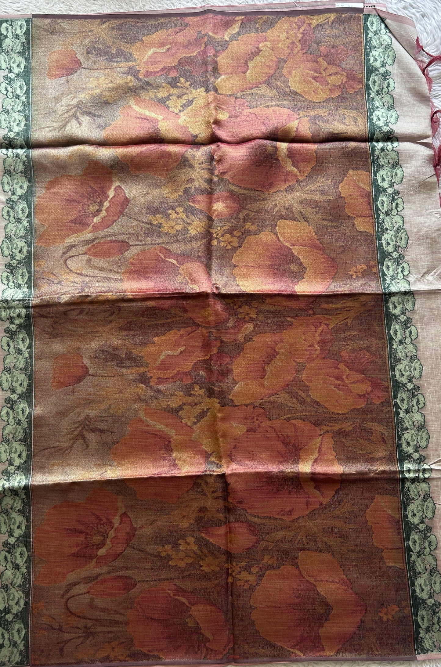 Semi Tussar Saree Light Peach Colored complemented with a Printed Border. - Sampradaya Designer Studio