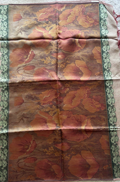 Semi Tussar Saree Light Peach Colored complemented with a Printed Border. - Sampradaya Designer Studio