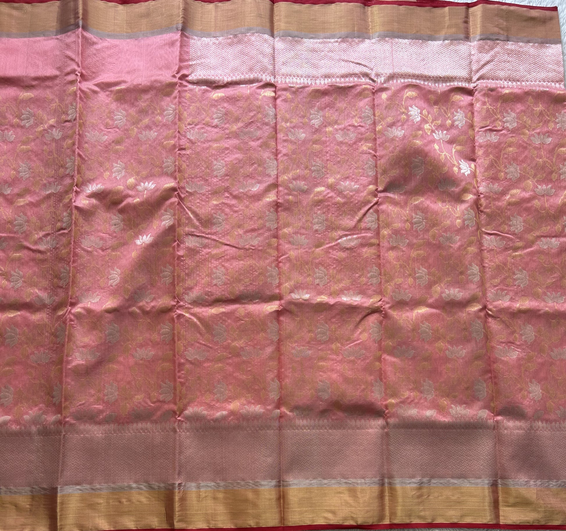 Baby Pink Chanderi Silk Saree With Gold And Silver Zari Border — Pure Handloom | Silk Mark Certified - Sampradaya Designer Studio
