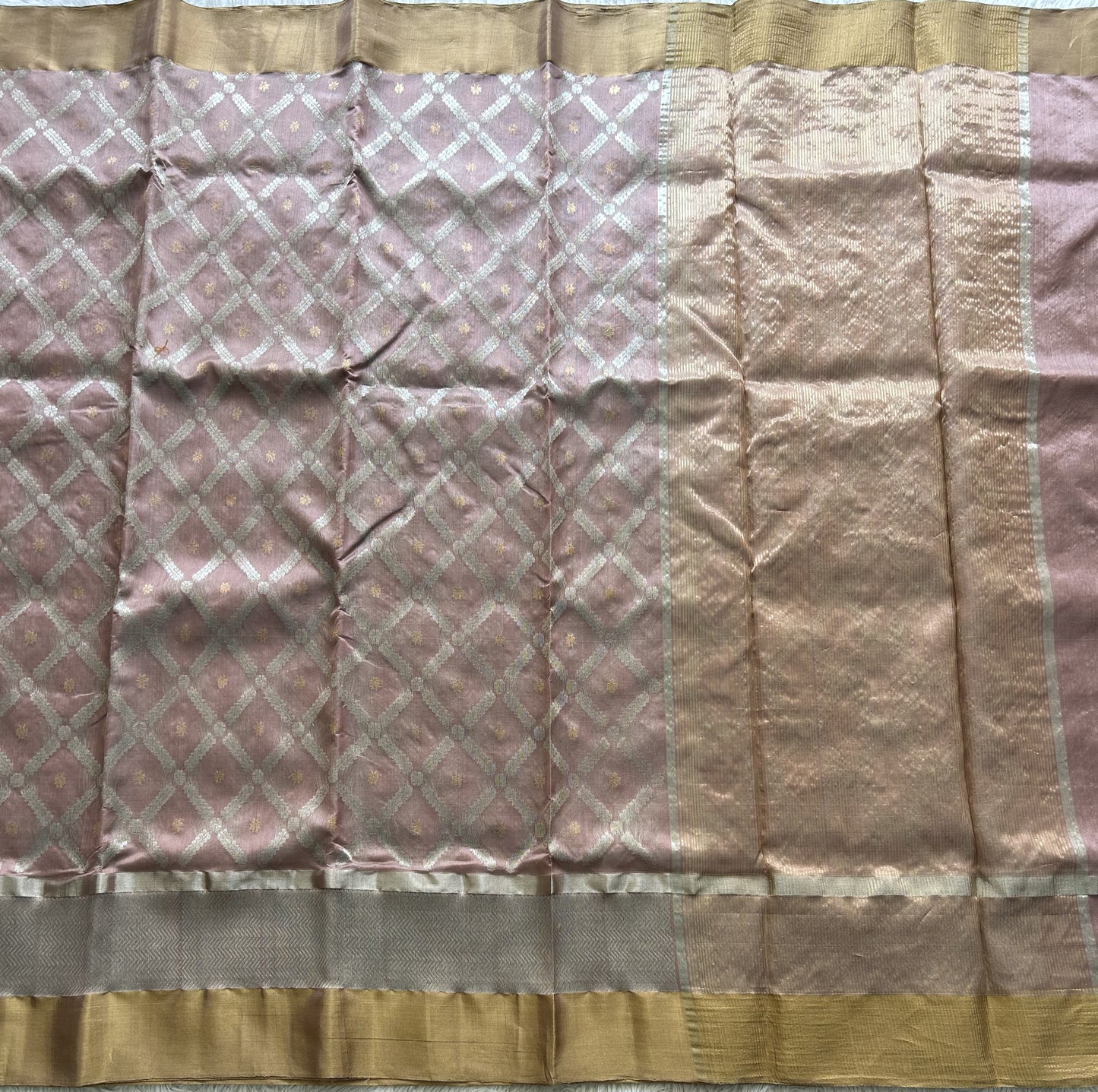 Onion Pink Chanderi Silk Saree With Gold And Silver Zari Border — Pure Handloom | Silk Mark Certified