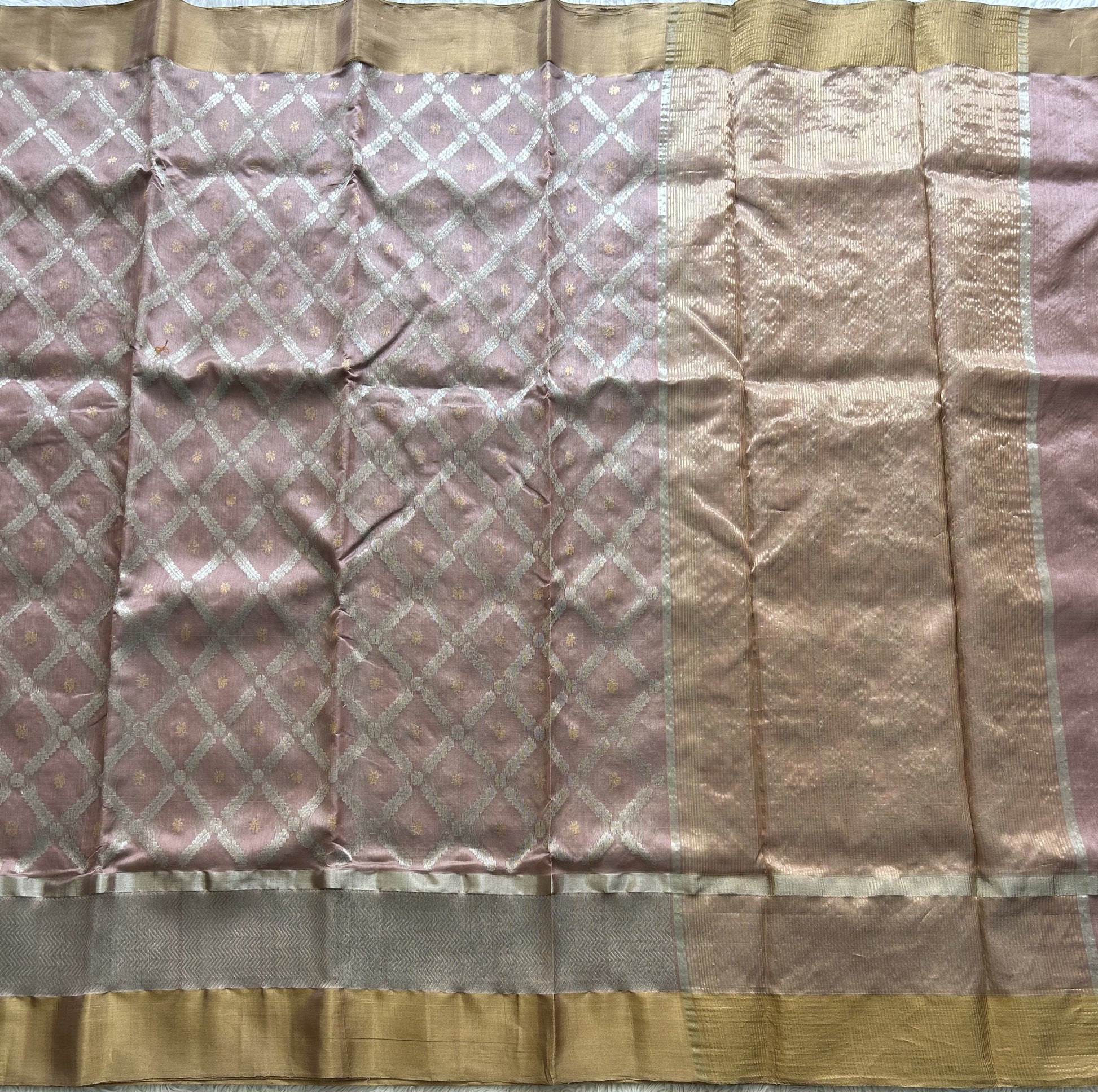 Onion Pink Chanderi Silk Saree With Gold And Silver Zari Border — Pure Handloom | Silk Mark Certified - Sampradaya Designer Studio