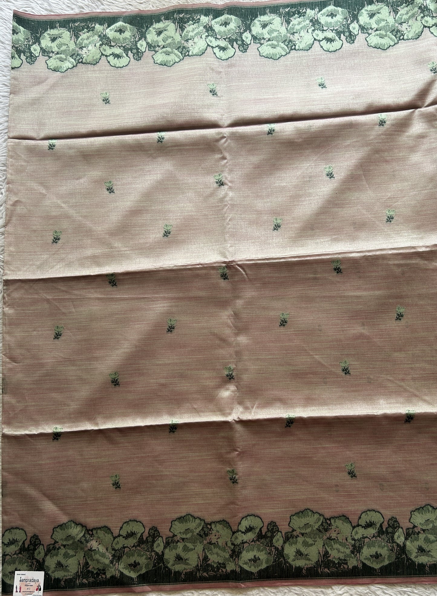 Semi Tussar Saree Light Peach Colored complemented with a Printed Border. - Sampradaya Designer Studio