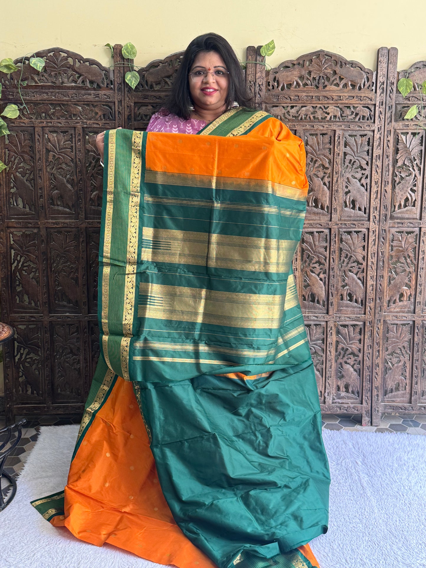 Narayanpet Silk Saree Apricot Yellow Colored Complemented with a Gold Zari Border - Sampradaya Designer Studio