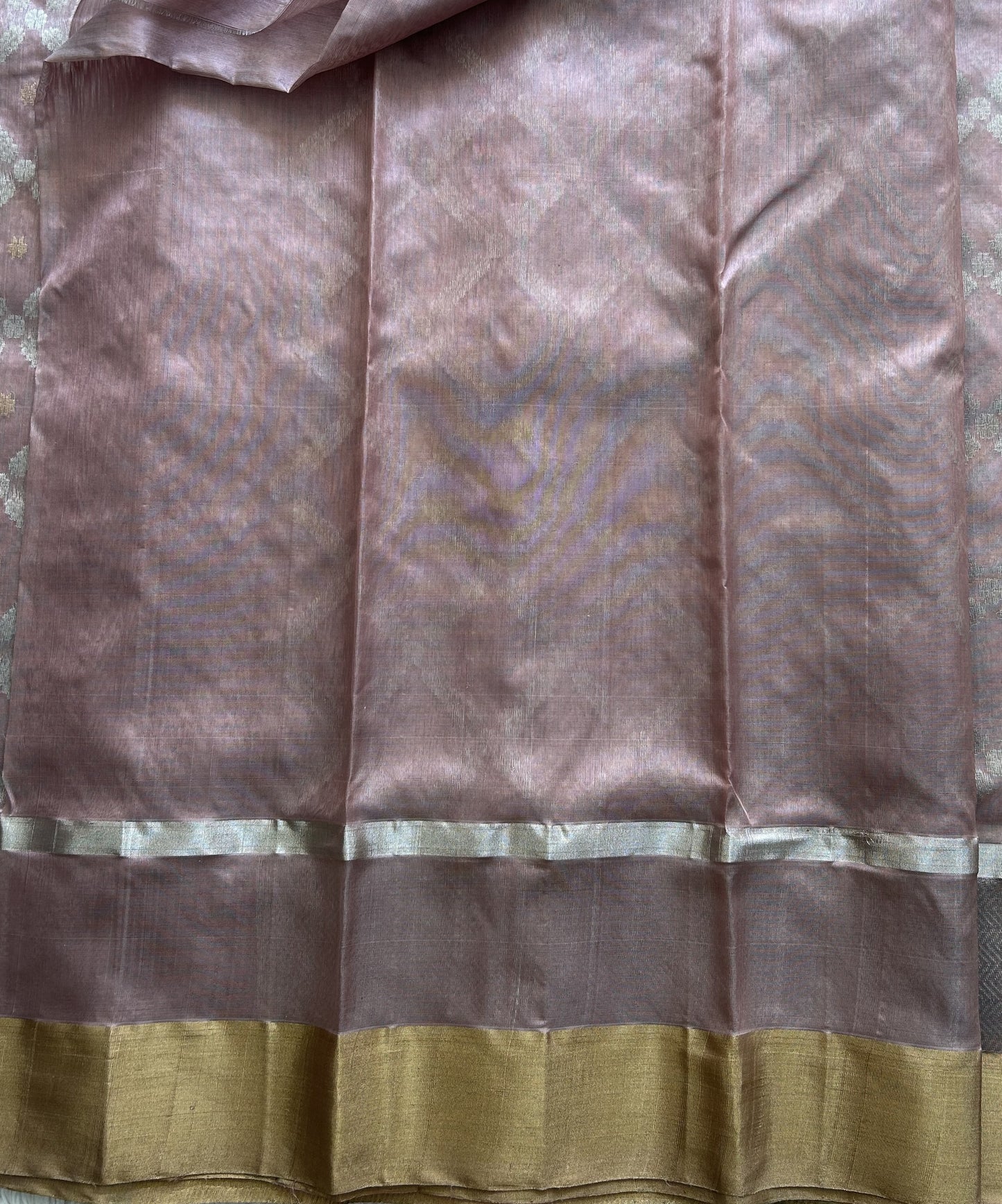 Onion Pink Chanderi Silk Saree With Gold And Silver Zari Border — Pure Handloom | Silk Mark Certified