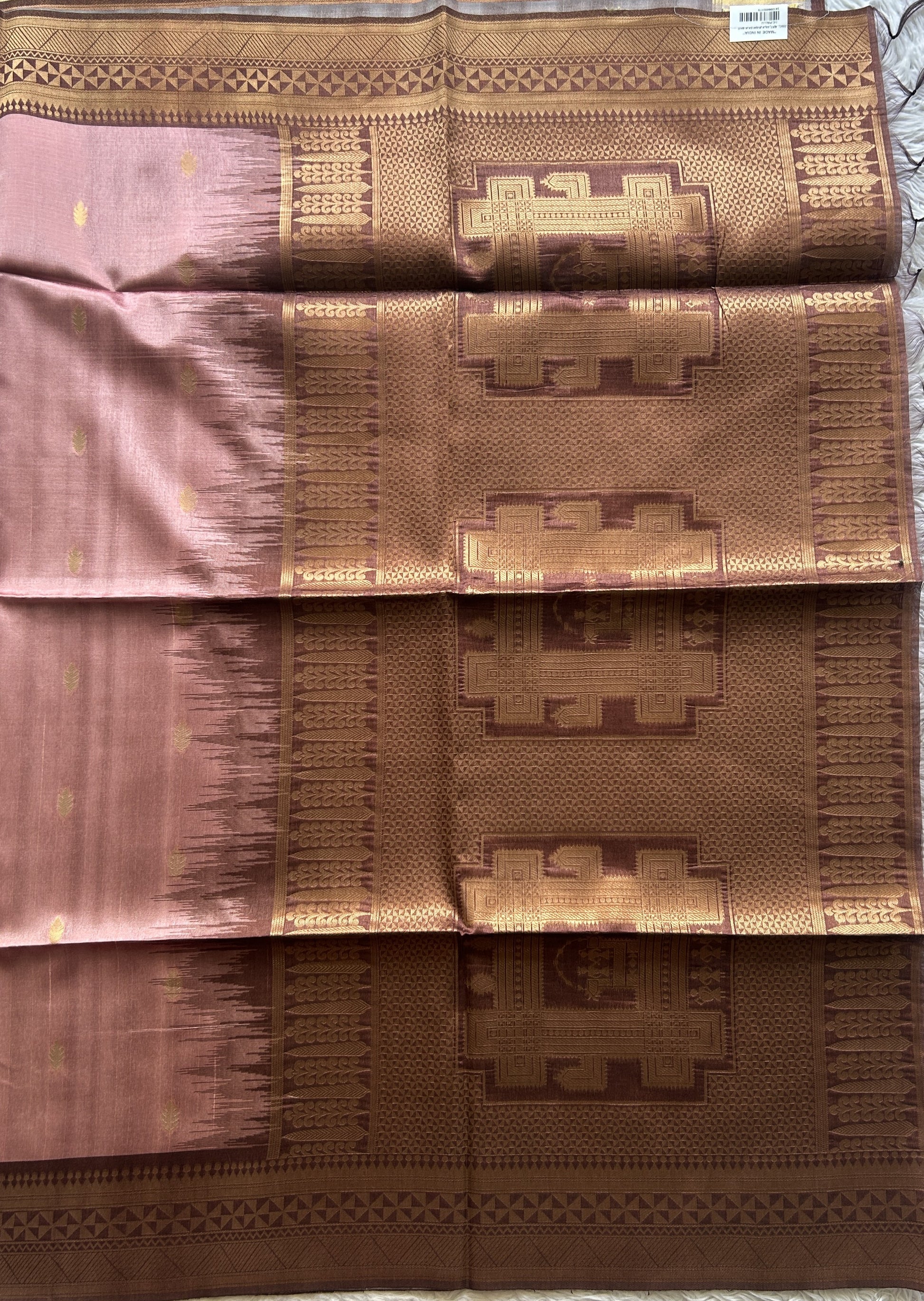 Semi Tussar Saree Onion Pink Colored complemented with a Brown Zari Border. - Sampradaya Designer Studio