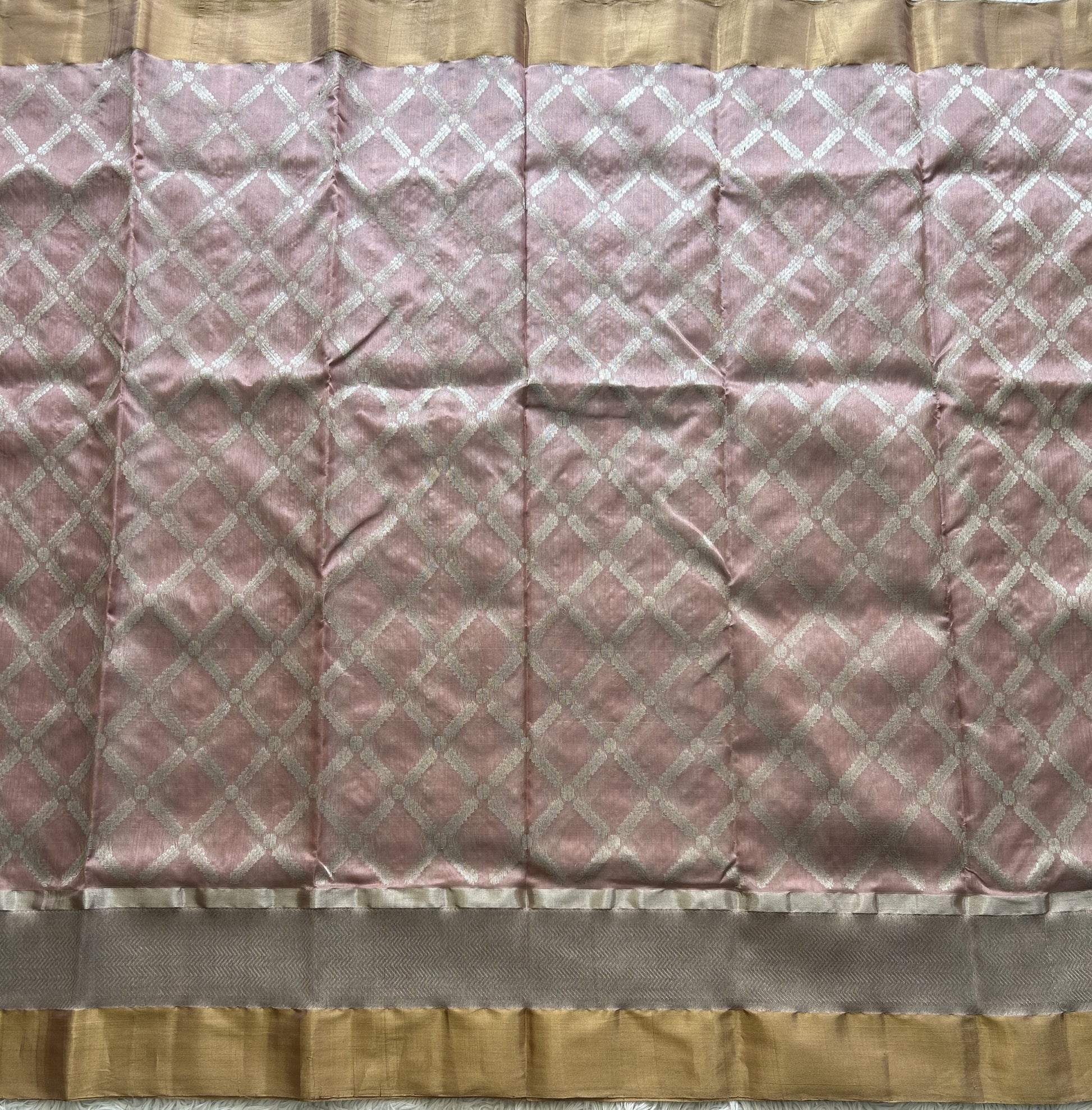 Onion Pink Chanderi Silk Saree With Gold And Silver Zari Border — Pure Handloom | Silk Mark Certified - Sampradaya Designer Studio