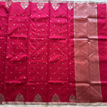 Pink Chanderi Silk Saree With Silver Zari Border — Pure Handloom | Silk Mark Certified