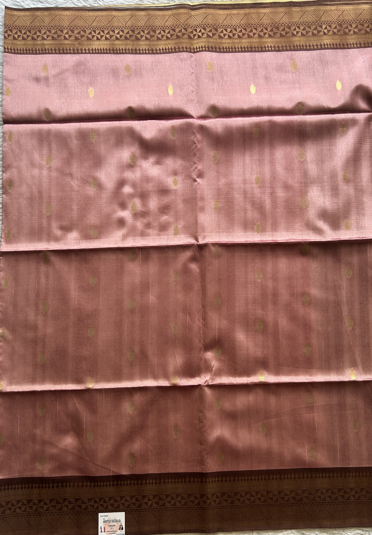 Semi Tussar Saree Onion Pink Colored complemented with a Brown Zari Border. - Sampradaya Designer Studio