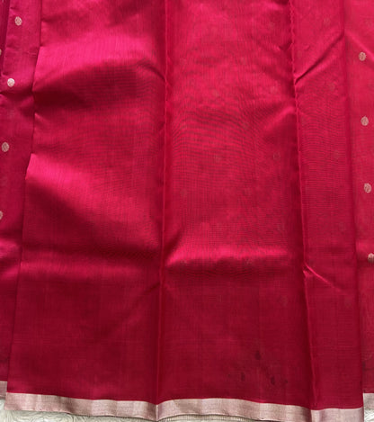 Pink Chanderi Silk Saree With Silver Zari Border — Pure Handloom | Silk Mark Certified