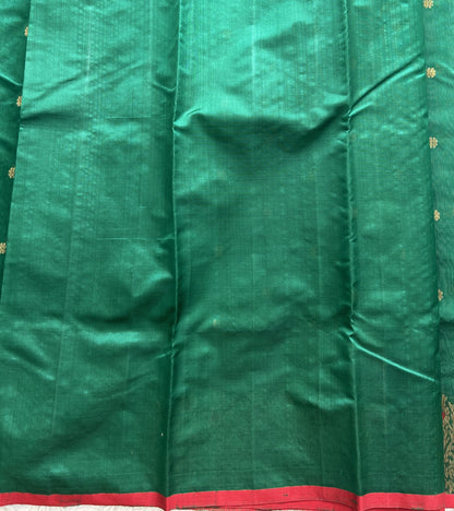 Green Chanderi Silk Saree With Gold Zari Border — Pure Handloom | Silk Mark Certified