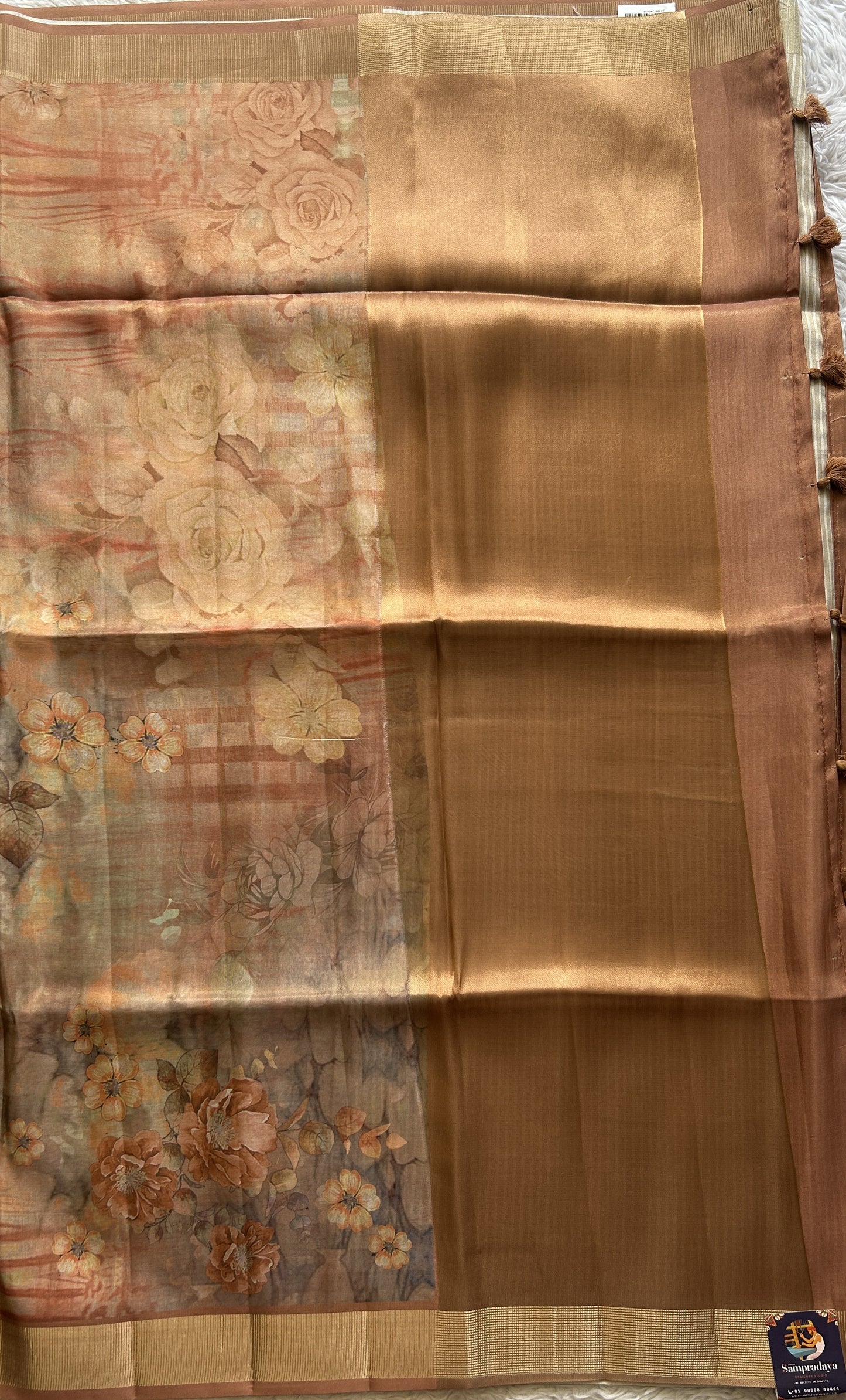 Semi Tussar Saree Dark Sandal Colored complemented with a Zari Border. - Sampradaya Designer Studio