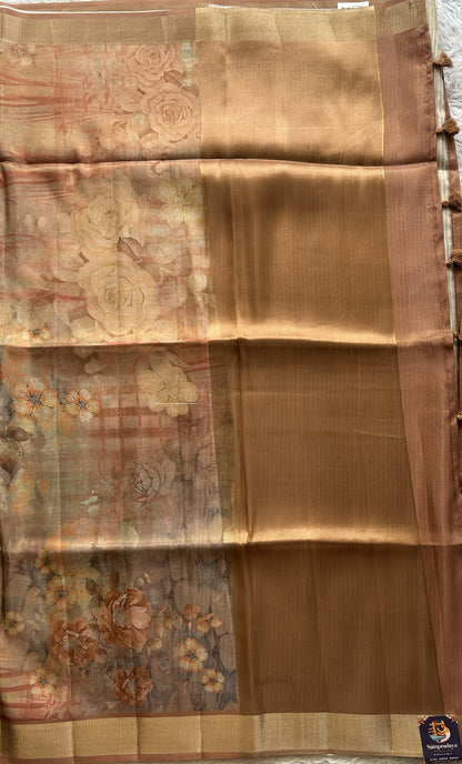 Semi Tussar Saree Dark Sandal Colored complemented with a Zari Border. - Sampradaya Designer Studio