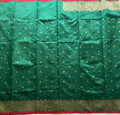 Green Chanderi Silk Saree With Gold Zari Border — Pure Handloom | Silk Mark Certified