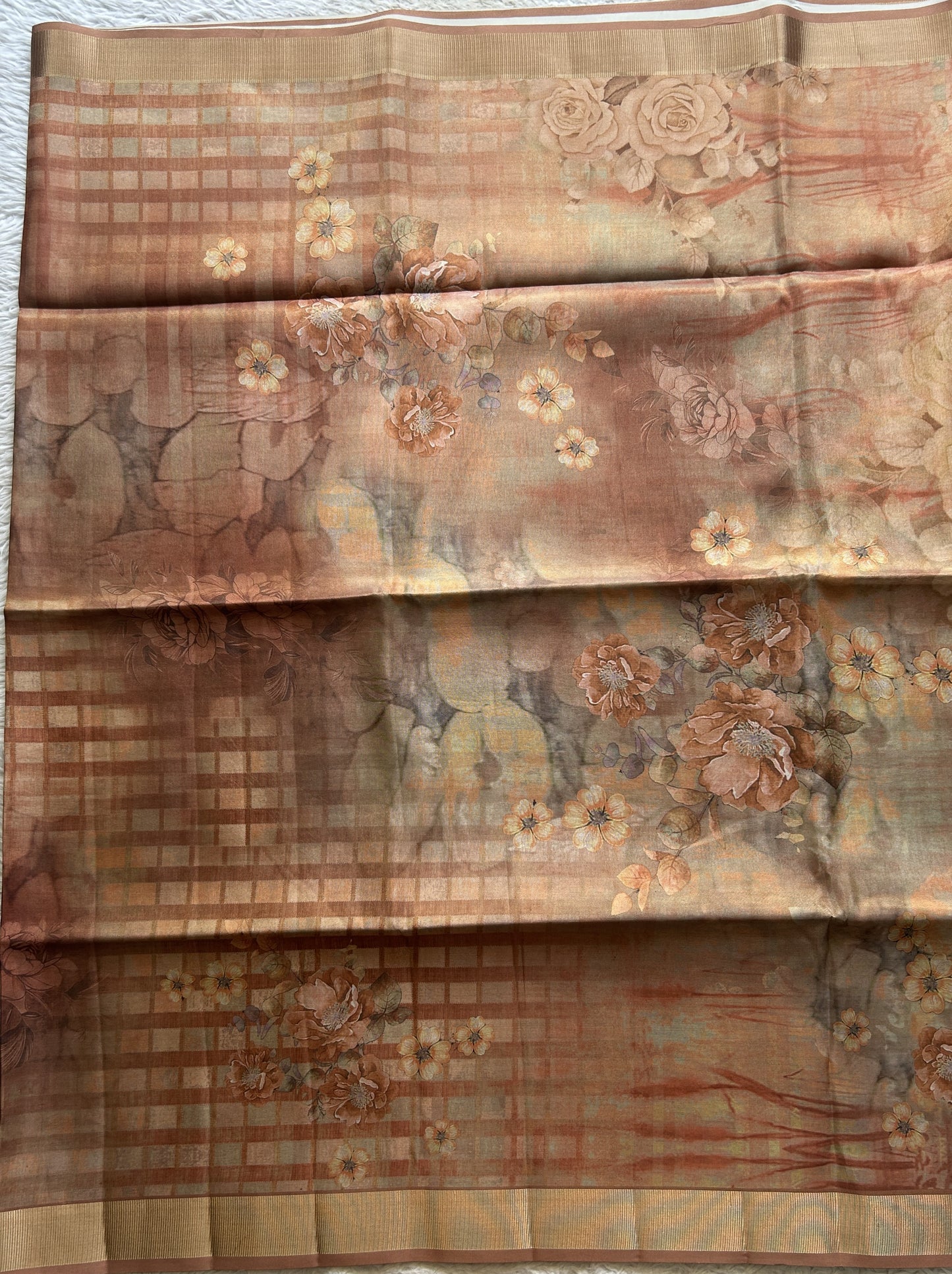 Semi Tussar Saree Dark Sandal Colored complemented with a Zari Border. - Sampradaya Designer Studio