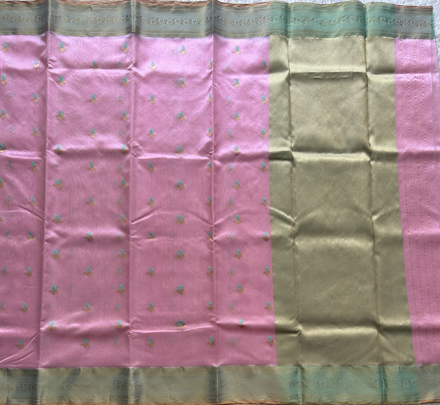 Baby Pink Chanderi Silk Saree With Gold Zari Border — Pure Handloom | Silk Mark Certified