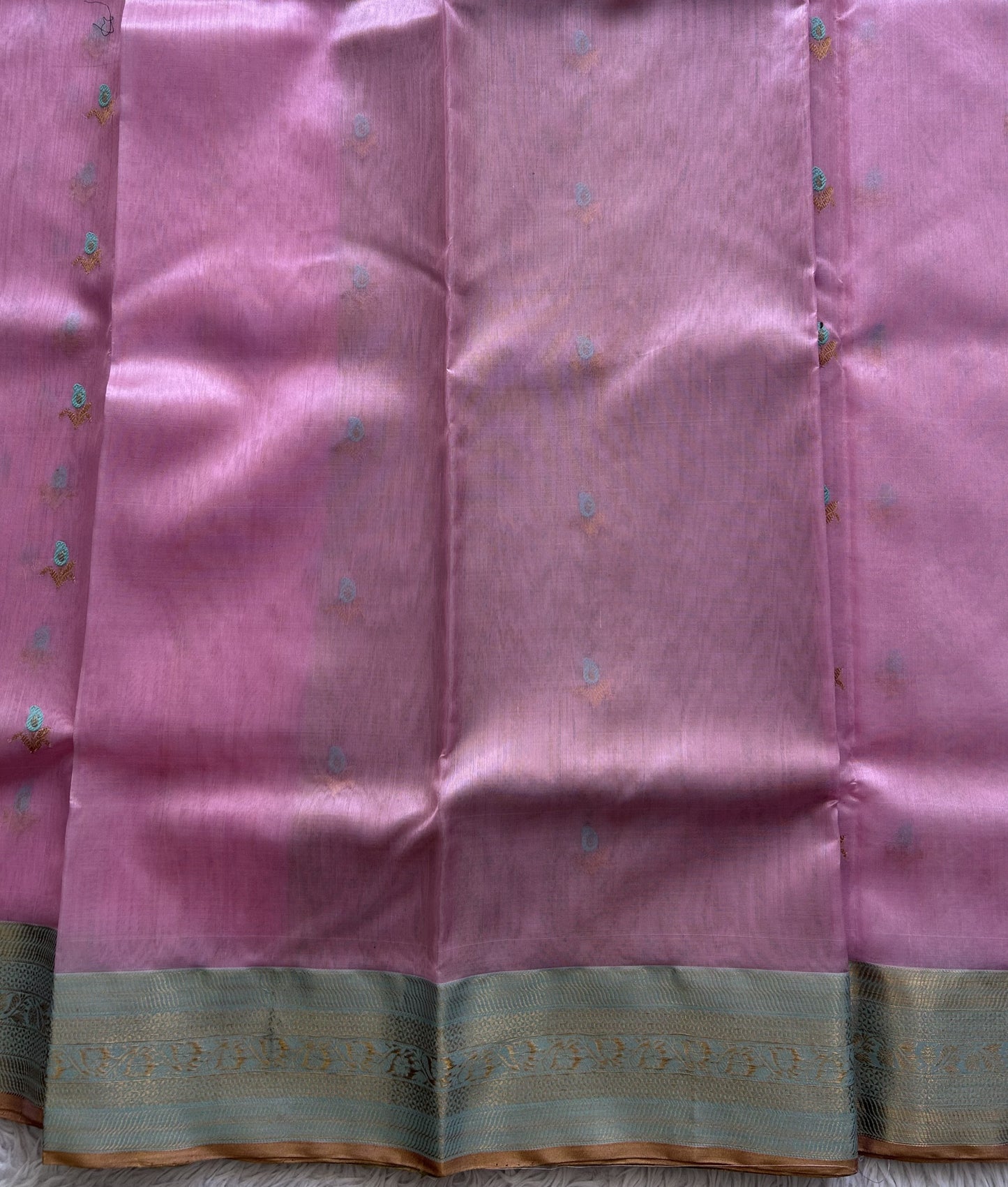 Baby Pink Chanderi Silk Saree With Gold Zari Border — Pure Handloom | Silk Mark Certified