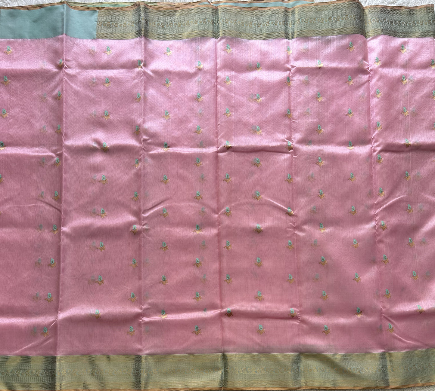 Baby Pink Chanderi Silk Saree With Gold Zari Border — Pure Handloom | Silk Mark Certified