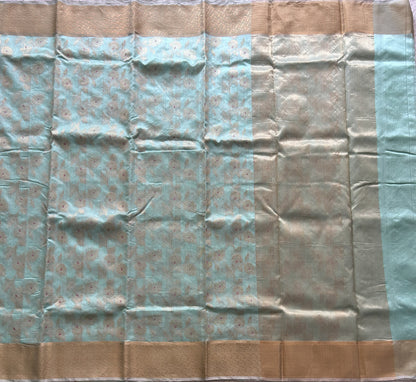 Sea Blue Chanderi Silk Saree With Gold Zari Border — Pure Handloom | Silk Mark Certified