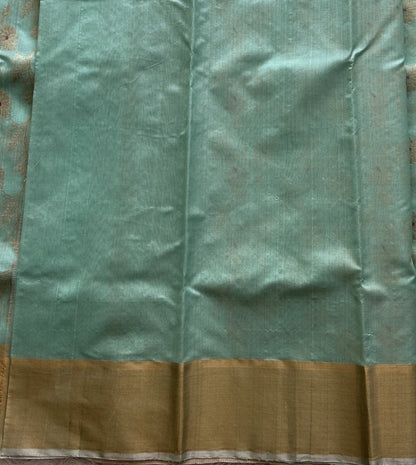 Sea Blue Chanderi Silk Saree With Gold Zari Border — Pure Handloom | Silk Mark Certified