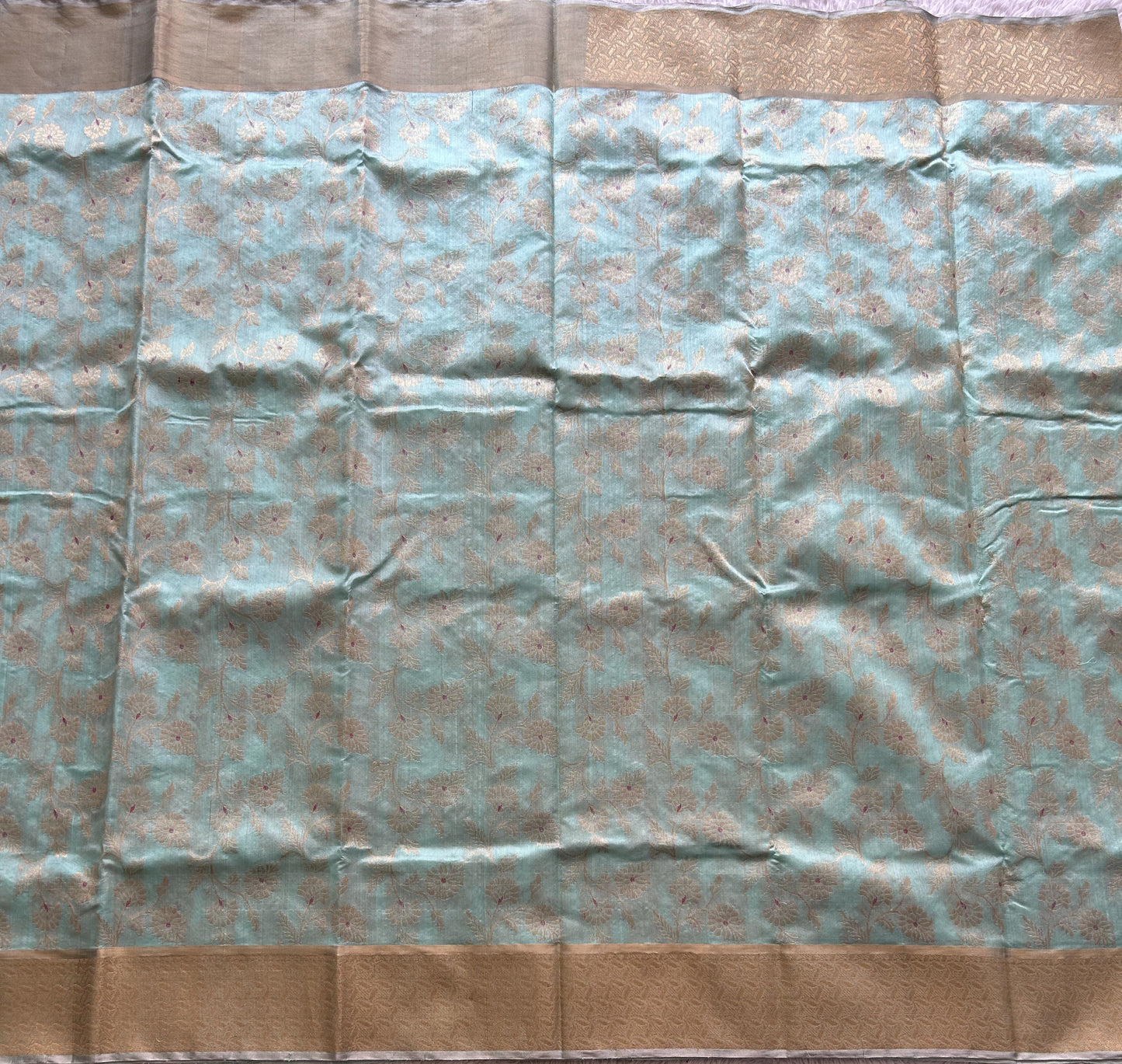 Sea Blue Chanderi Silk Saree With Gold Zari Border — Pure Handloom | Silk Mark Certified