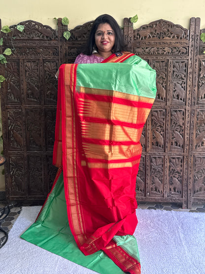 Narayanpet Silk Saree Mint Green Colored Complemented with a Gold Zari Border. - Sampradaya Designer Studio