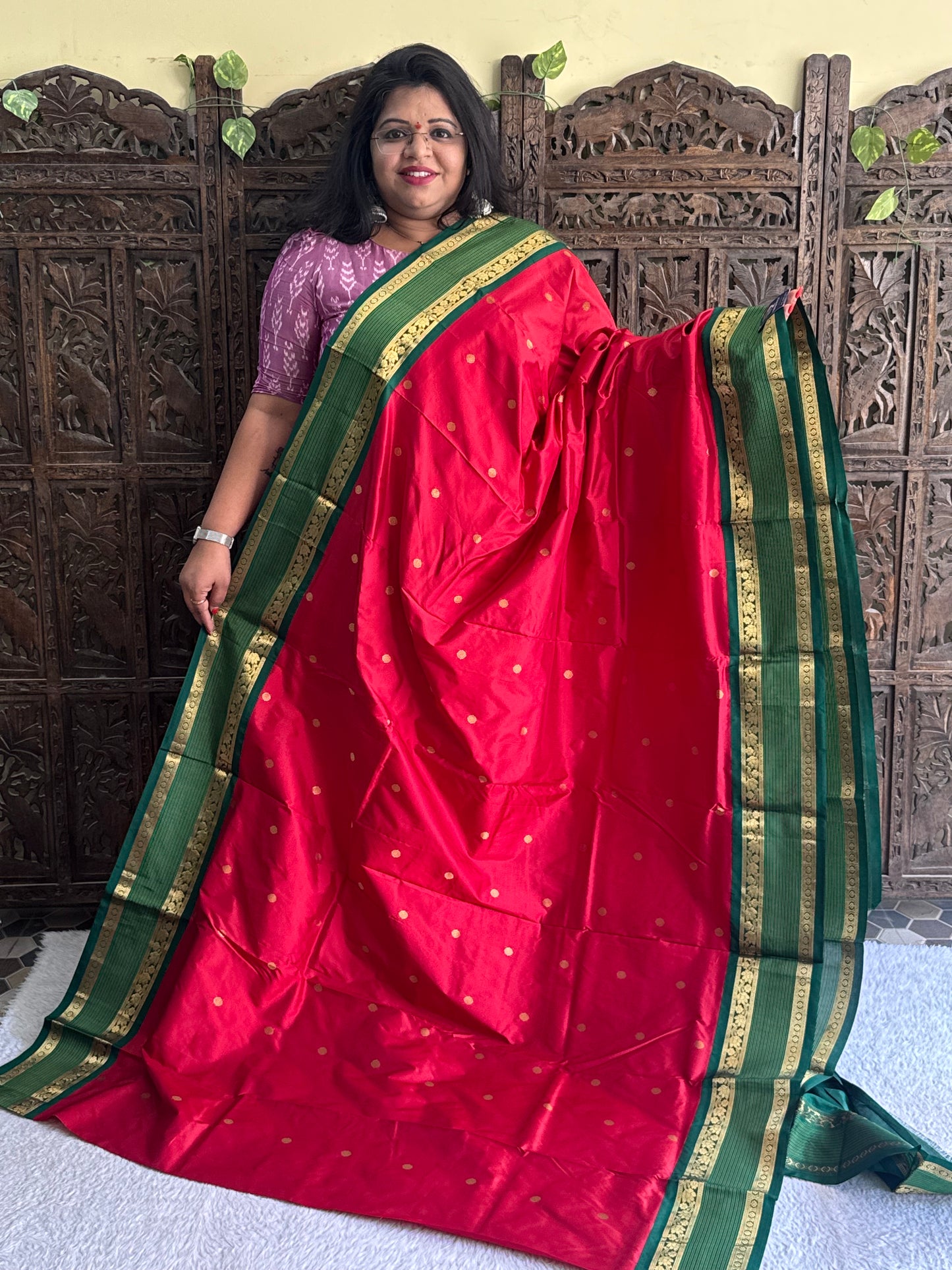 Narayanpet Silk Saree Marron Colored Complemented with a Gold Zari Border. - Sampradaya Designer Studio