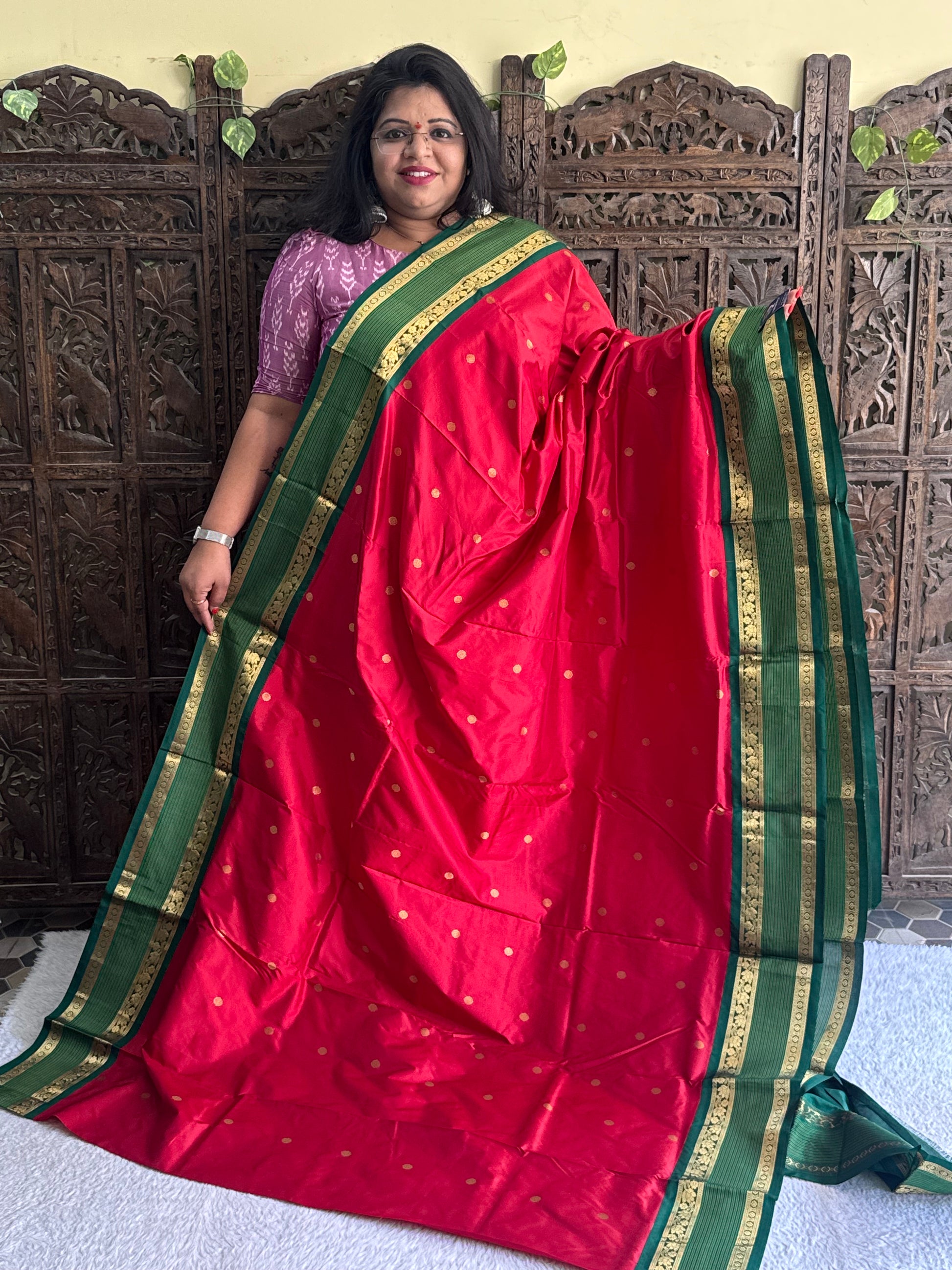 Narayanpet Silk Saree Marron Colored Complemented with a Gold Zari Border. - Sampradaya Designer Studio