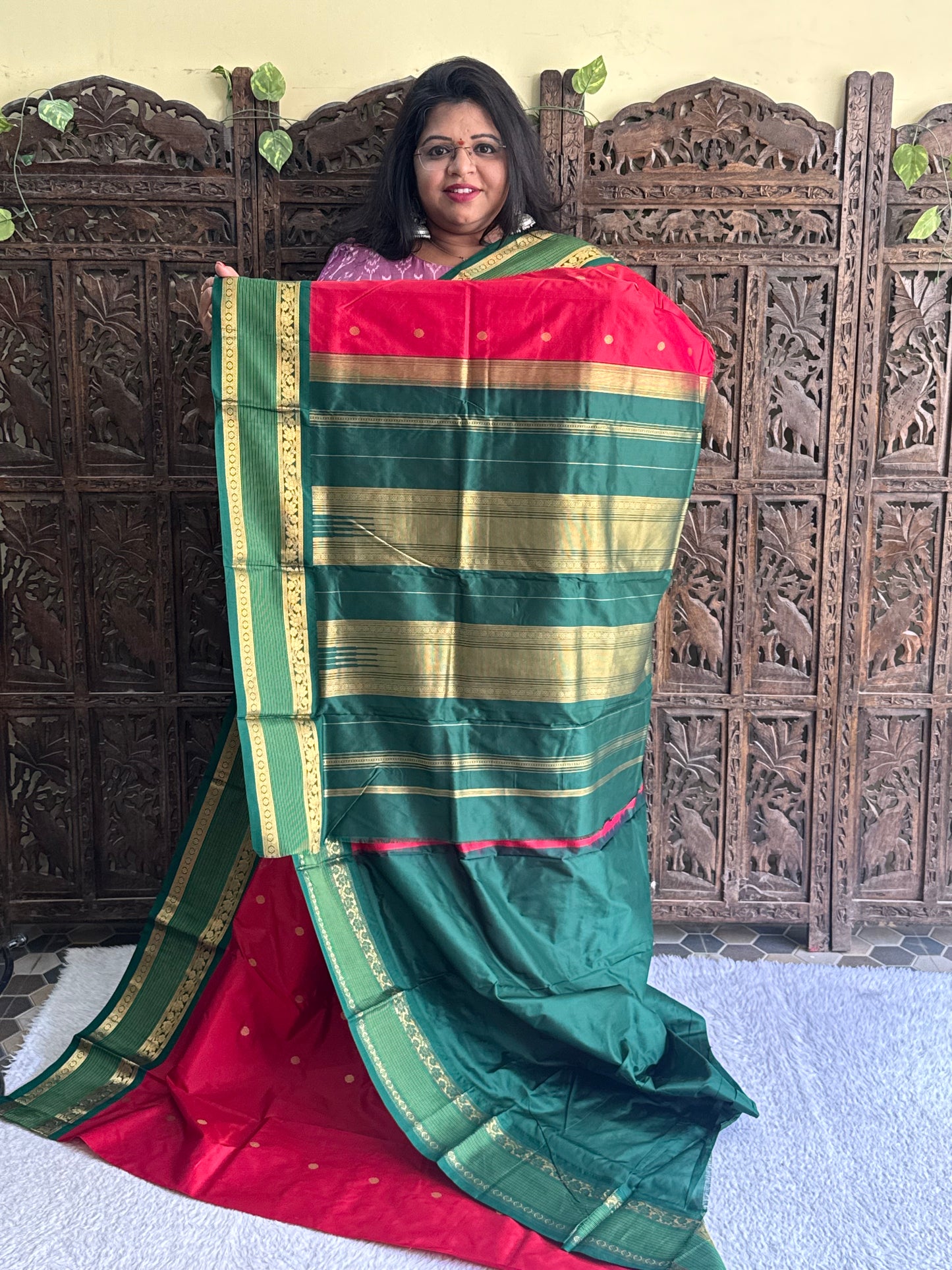 Narayanpet Silk Saree Marron Colored Complemented with a Gold Zari Border. - Sampradaya Designer Studio