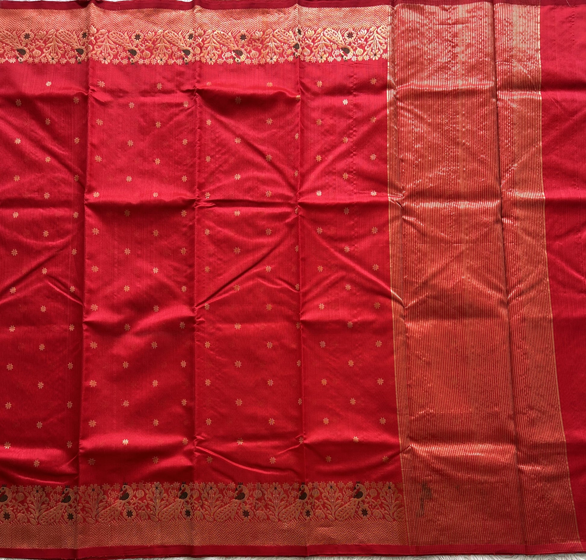 Red Chanderi Silk Saree With Gold Zari Border — Pure Handloom | Silk Mark Certified - Sampradaya Designer Studio