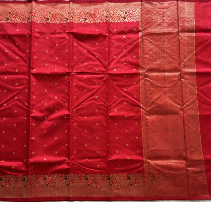 Red Chanderi Silk Saree With Gold Zari Border — Pure Handloom | Silk Mark Certified