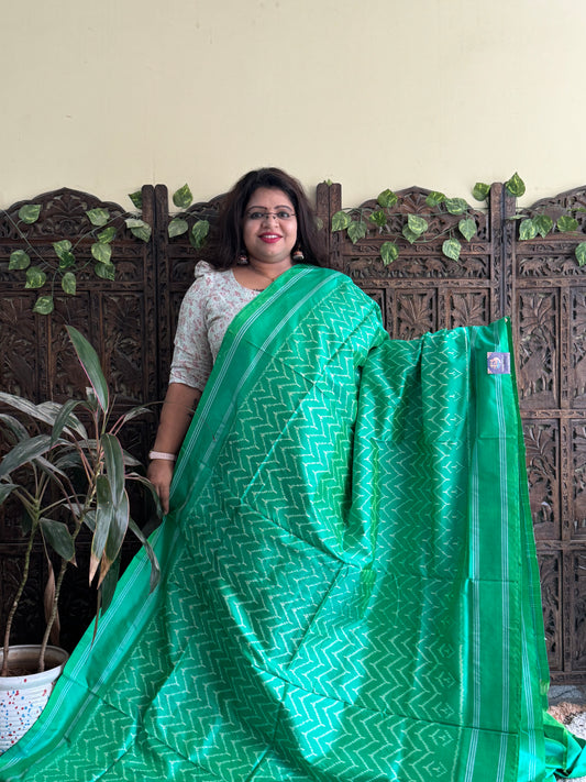 Ikkat Pattu Saree Parrot Green colored complemented with a Patola border. - Sampradaya Designer Studio