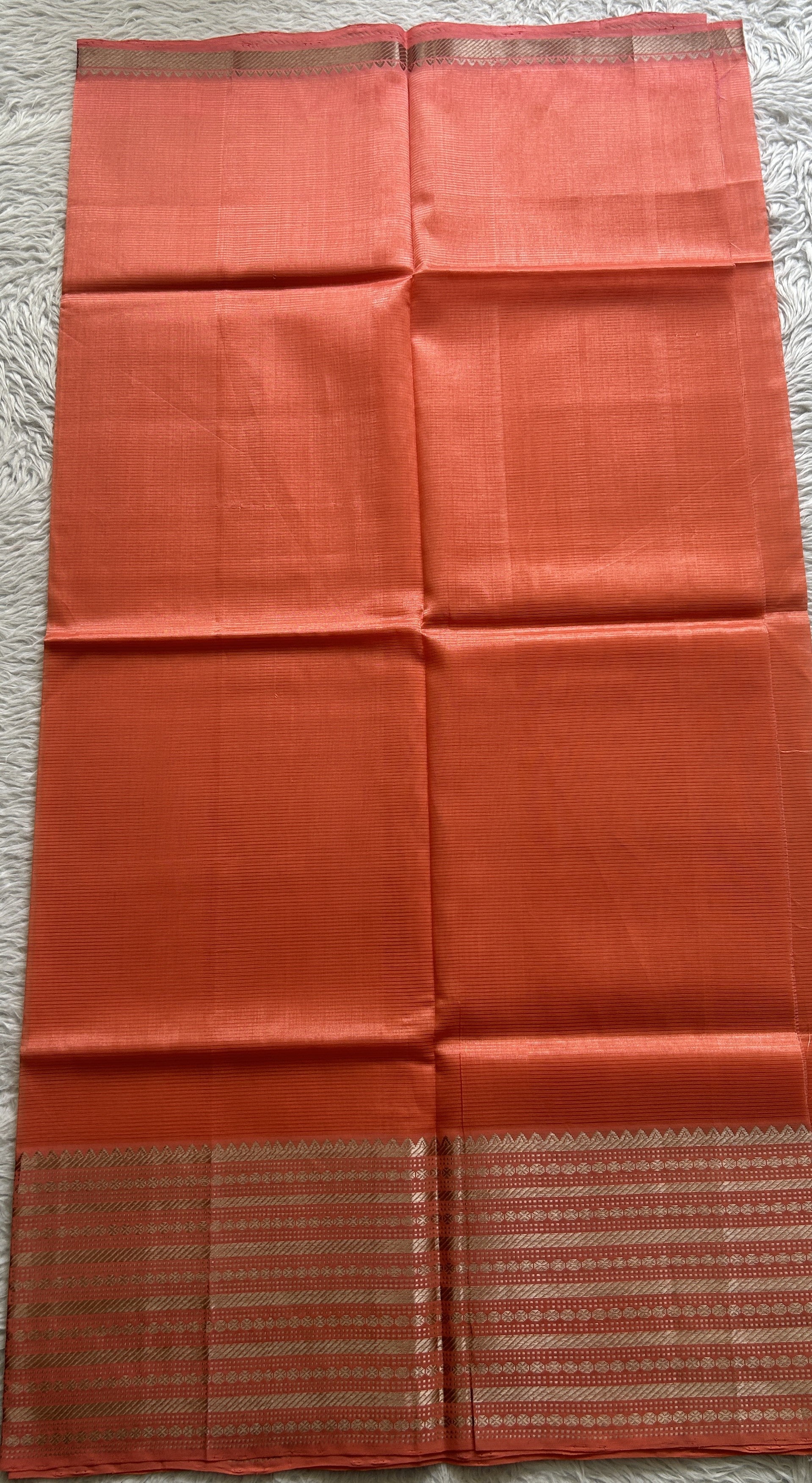 Pure Mangalagiri Pattu Dress Material Peach Color With a Zari Border. - Sampradaya Designer Studio