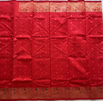 Red Chanderi Silk Saree With Gold Zari Border — Pure Handloom | Silk Mark Certified