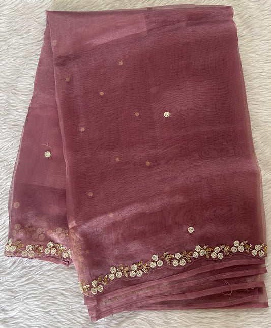 Tissue Organza Designer Saree Rouge colored Saree complemented with a Handcrafted border. - Sampradaya Designer Studio