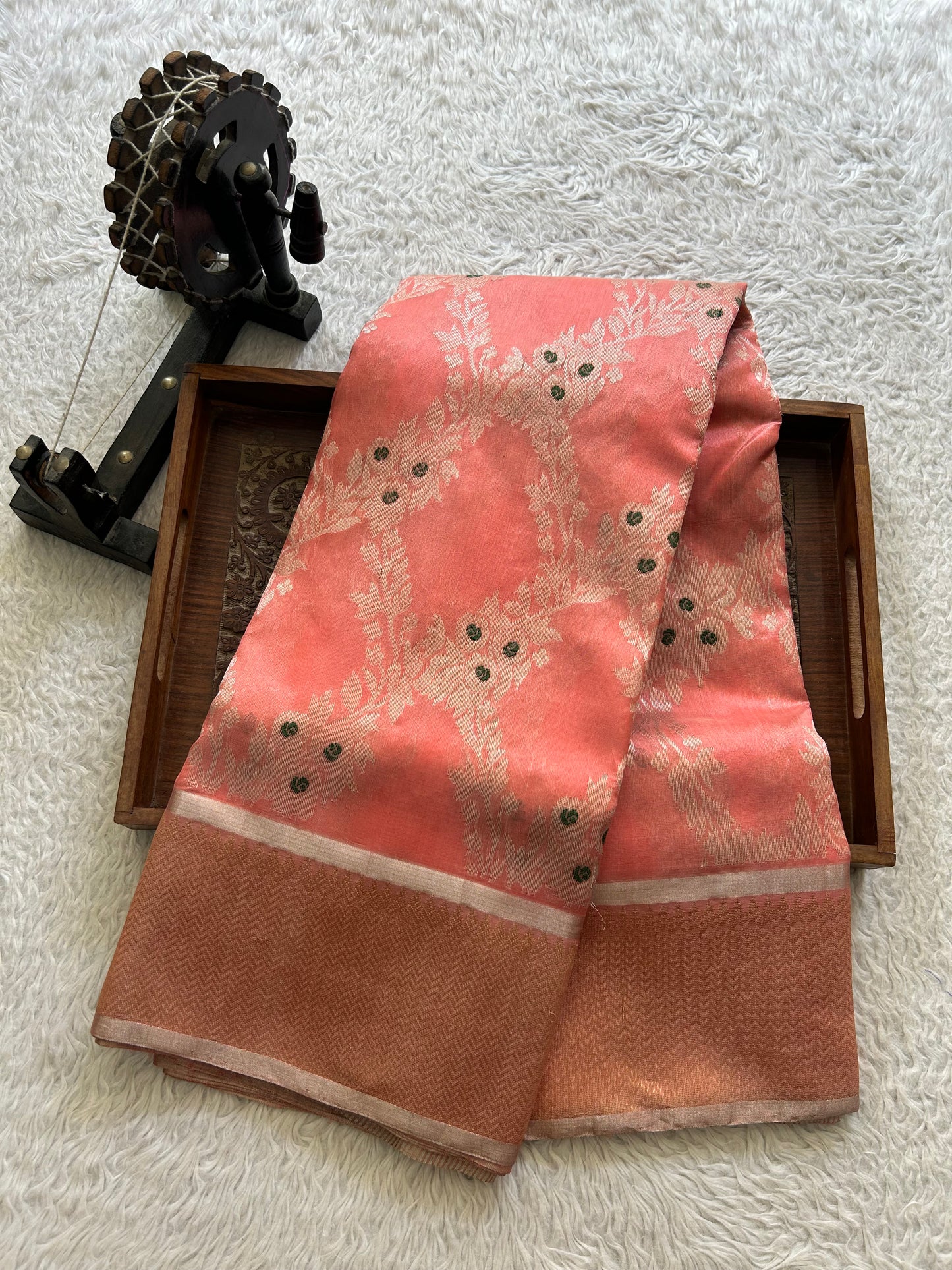 Peach Chanderi Silk Saree With Gold Zari Border — Pure Handloom | Silk Mark Certified