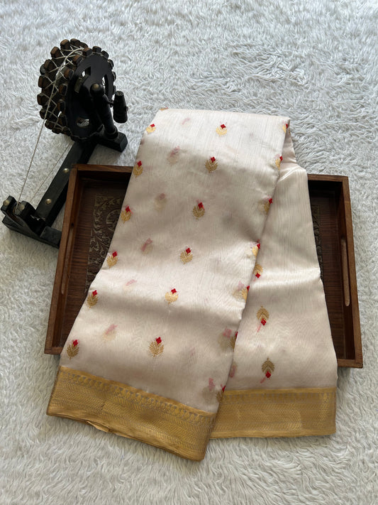 White Chanderi Silk Saree With Gold Zari Border — Pure Handloom | Silk Mark Certified