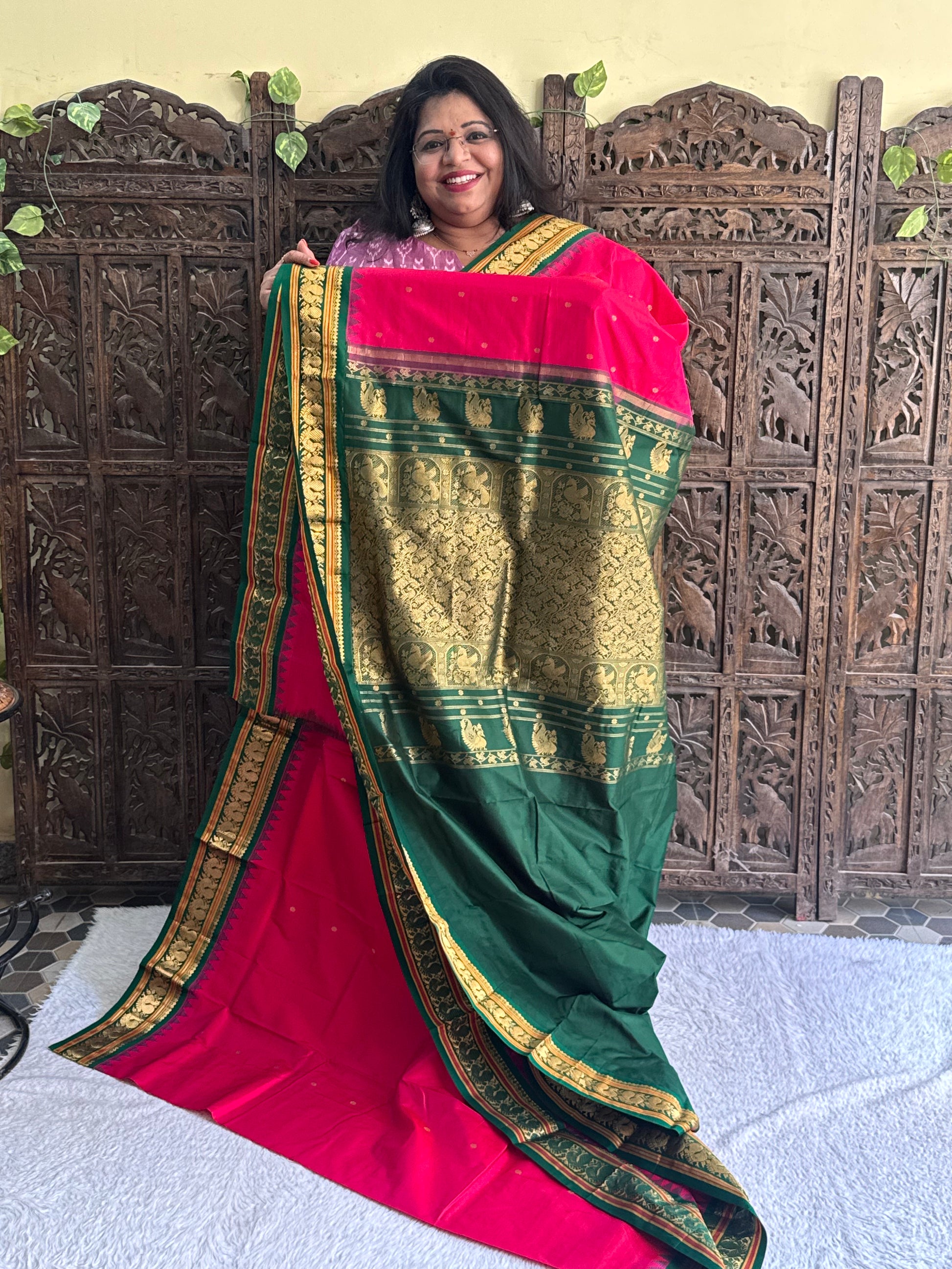 Narayanpet Silk Saree Light Rani Pink Colored Complemented with a Gold Zari Border - Sampradaya Designer Studio