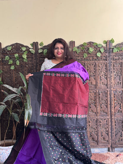Ikkat Pattu Saree Purple colored complemented with a Checks border. - Sampradaya Designer Studio