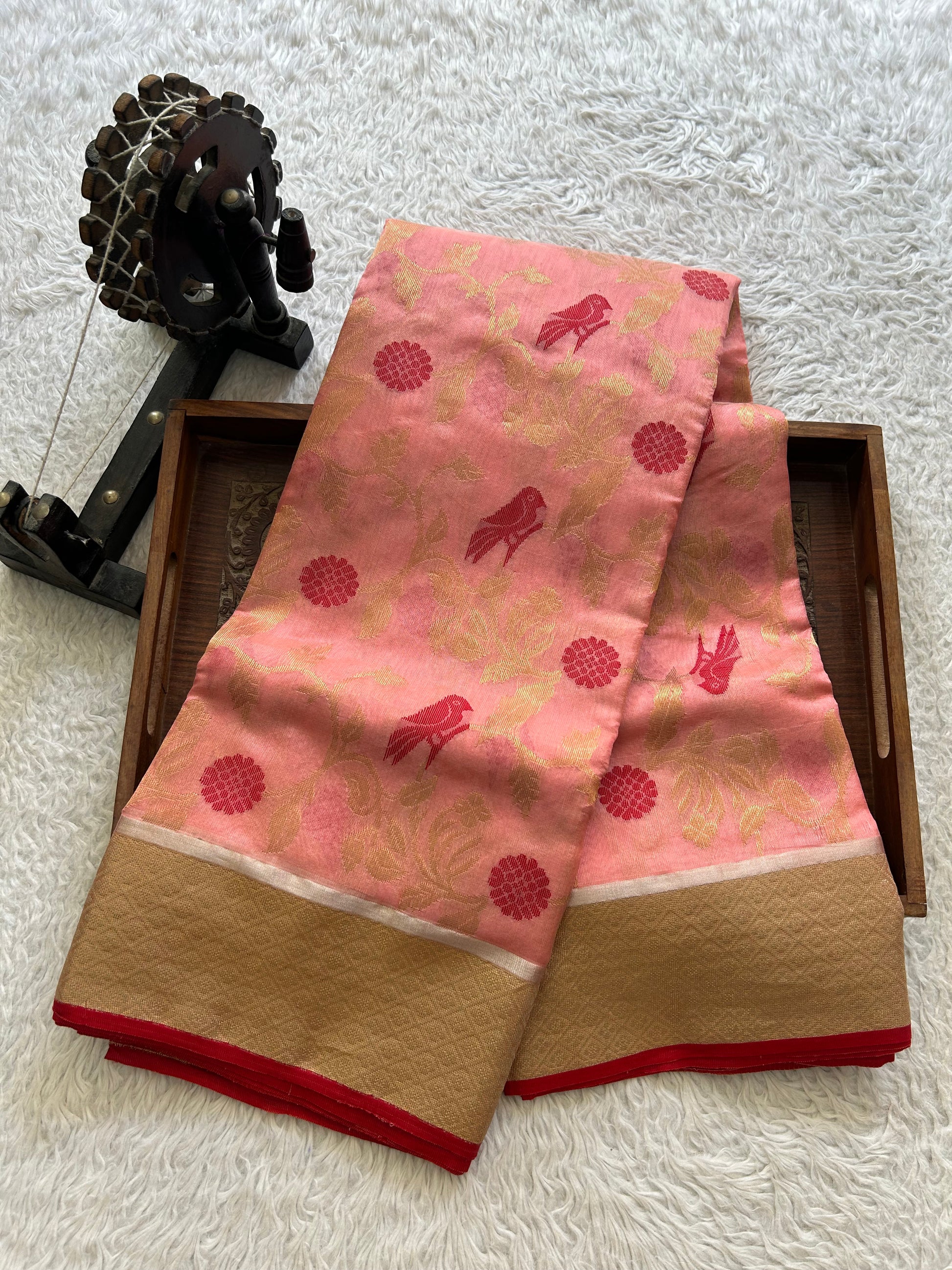 Peach Chanderi Silk Saree With Gold Zari Border — Pure Handloom | Silk Mark Certified - Sampradaya Designer Studio