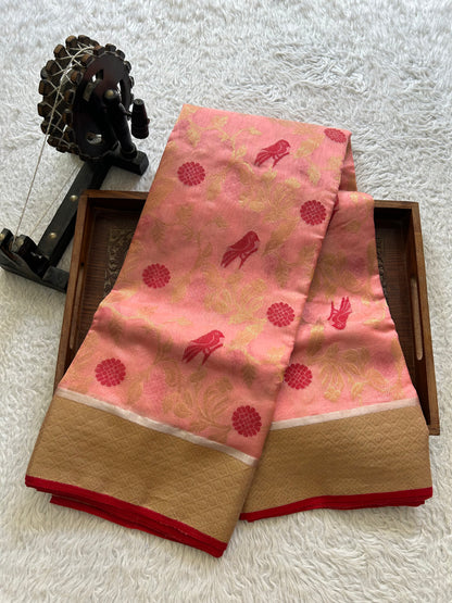 Peach Chanderi Silk Saree With Gold Zari Border — Pure Handloom | Silk Mark Certified