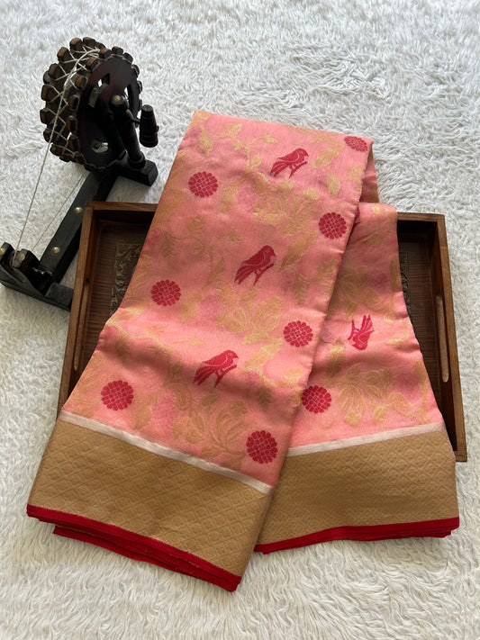 Peach Chanderi Silk Saree With Gold Zari Border — Pure Handloom | Silk Mark Certified