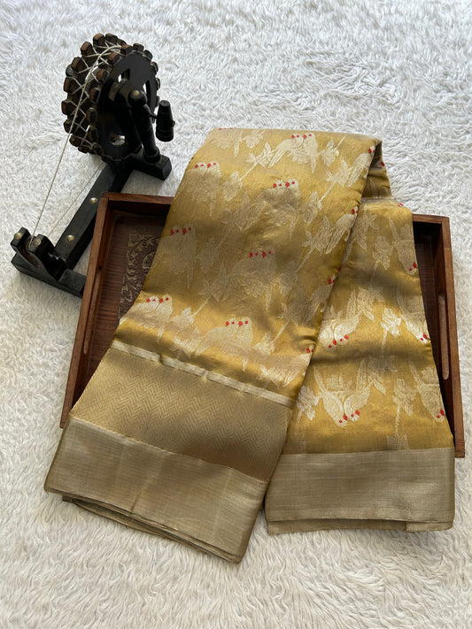 Mehndi Green Chanderi Silk Saree With Tissue And Silver Zari Border — Pure Handloom | Silk Mark Certified