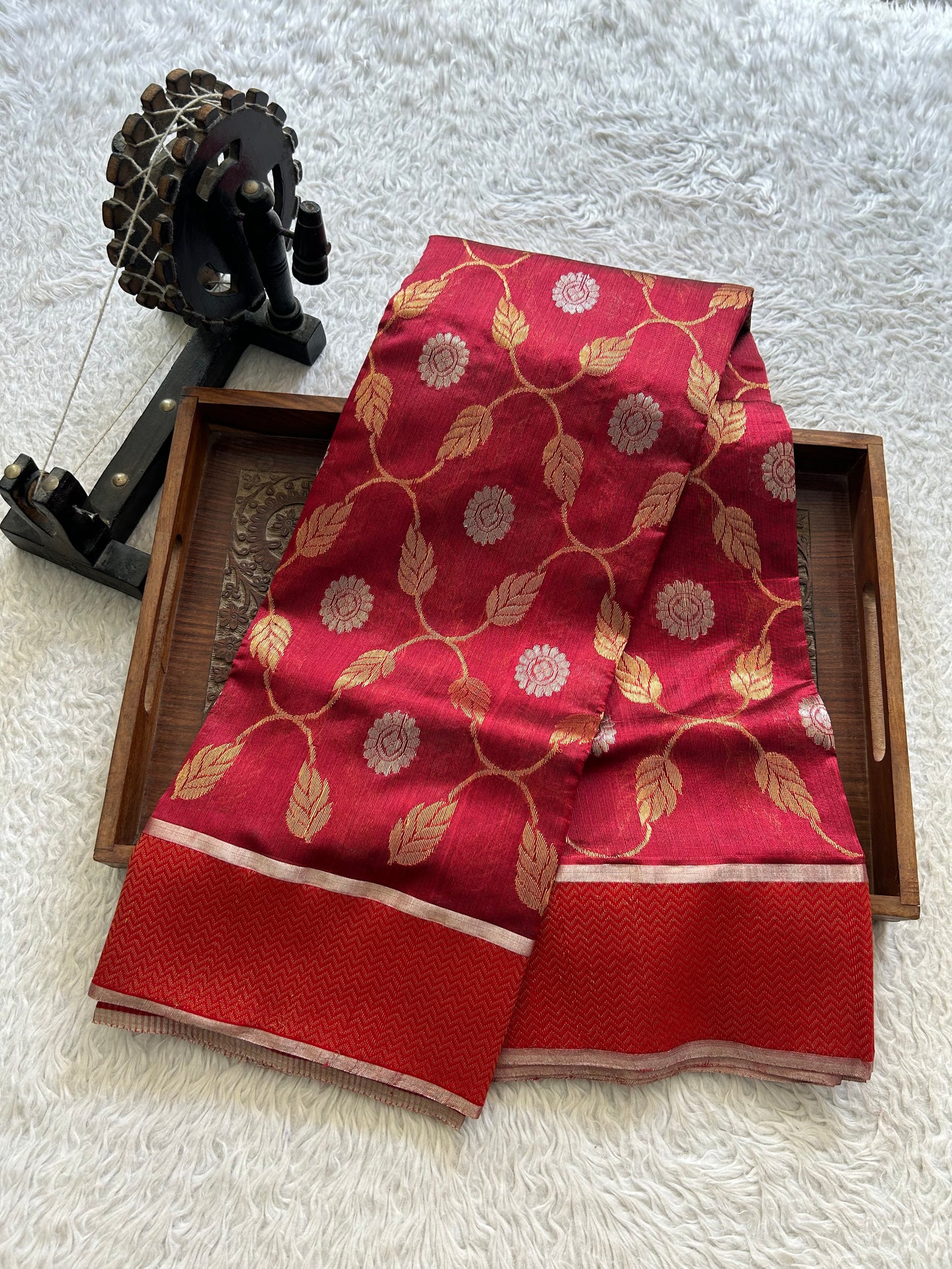 Maroon Chanderi Silk Saree With Gold Zari Border — Pure Handloom | Silk Mark Certified