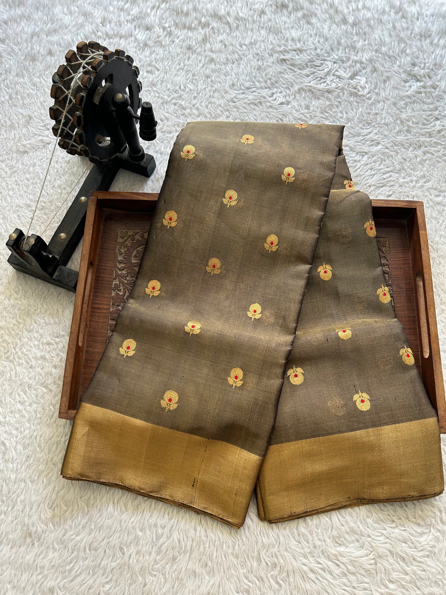 Elephant Gray Chanderi Tissue Saree With Gold Zari Border — Pure Handloom | Silk Mark Certified - Sampradaya Designer Studio