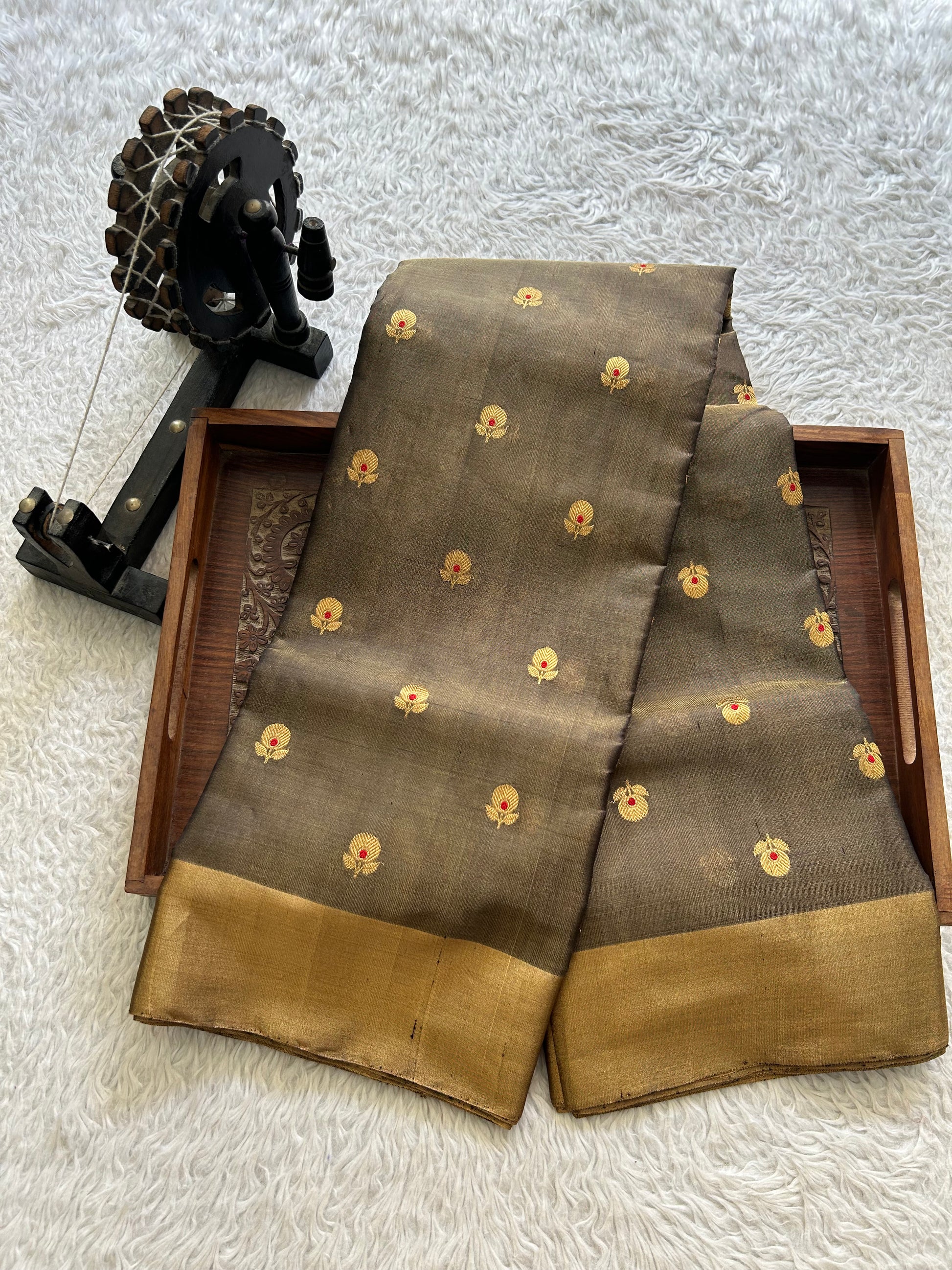 Elephant Gray Chanderi Tissue Saree With Gold Zari Border — Pure Handloom | Silk Mark Certified - Sampradaya Designer Studio