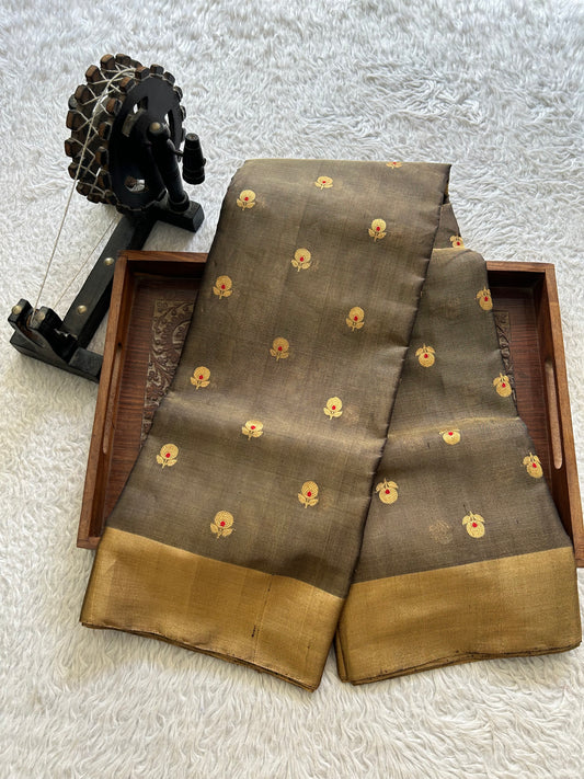 Elephant Gray Chanderi Tissue Saree With Gold Zari Border — Pure Handloom | Silk Mark Certified