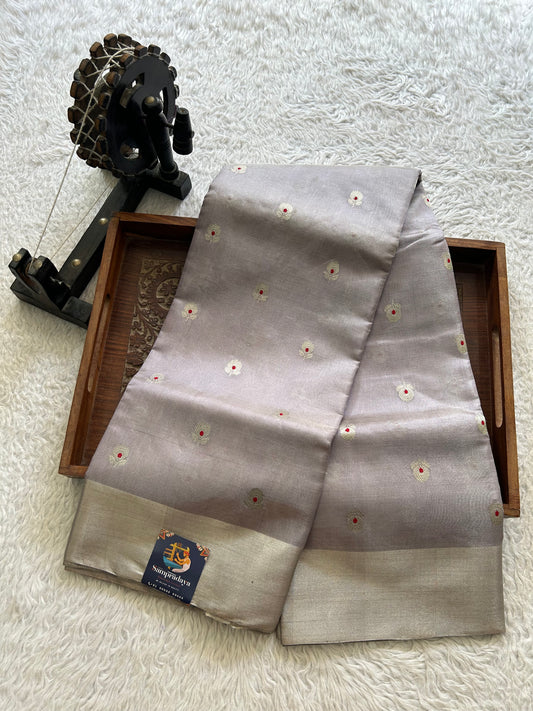 Gray Chanderi Tissue Saree With Silver Zari Border — Pure Handloom | Silk Mark Certified
