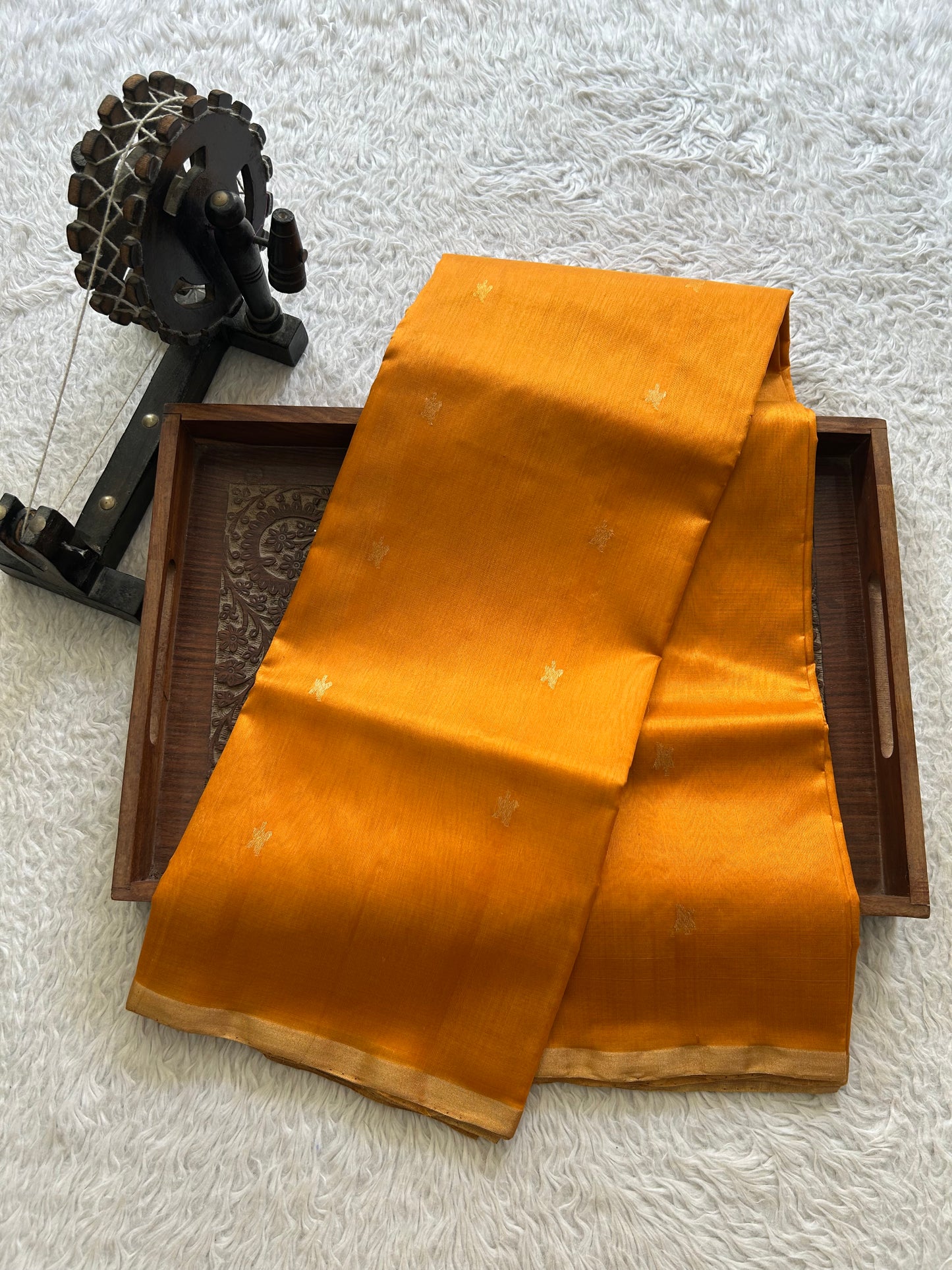 Orange Chanderi Silk Saree With Gold Zari Border — Pure Handloom | Silk Mark Certified