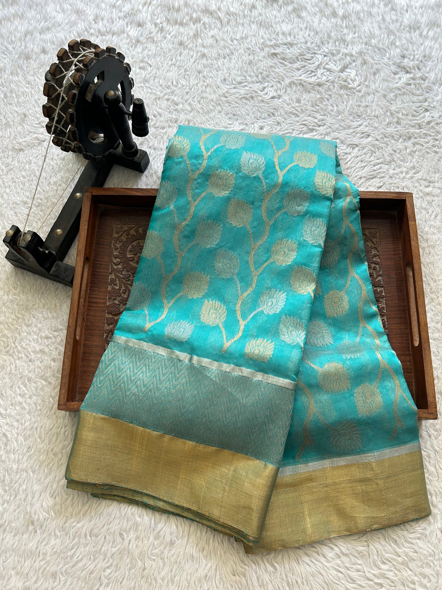 Blue Chanderi Silk Saree With Gold And Silver Zari Border — Pure Handloom | Silk Mark Certified
