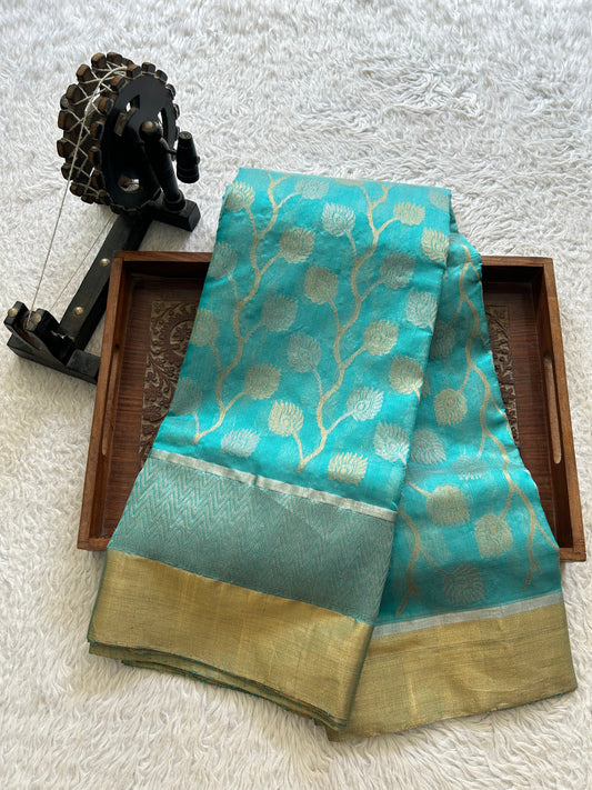 Blue Chanderi Silk Saree With Gold And Silver Zari Border — Pure Handloom | Silk Mark Certified